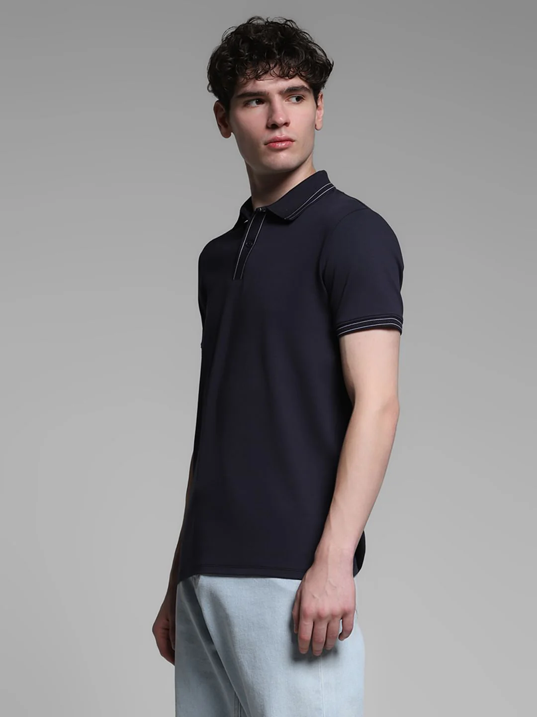 Navy Blue Knitted Cotton Polo - Image 3