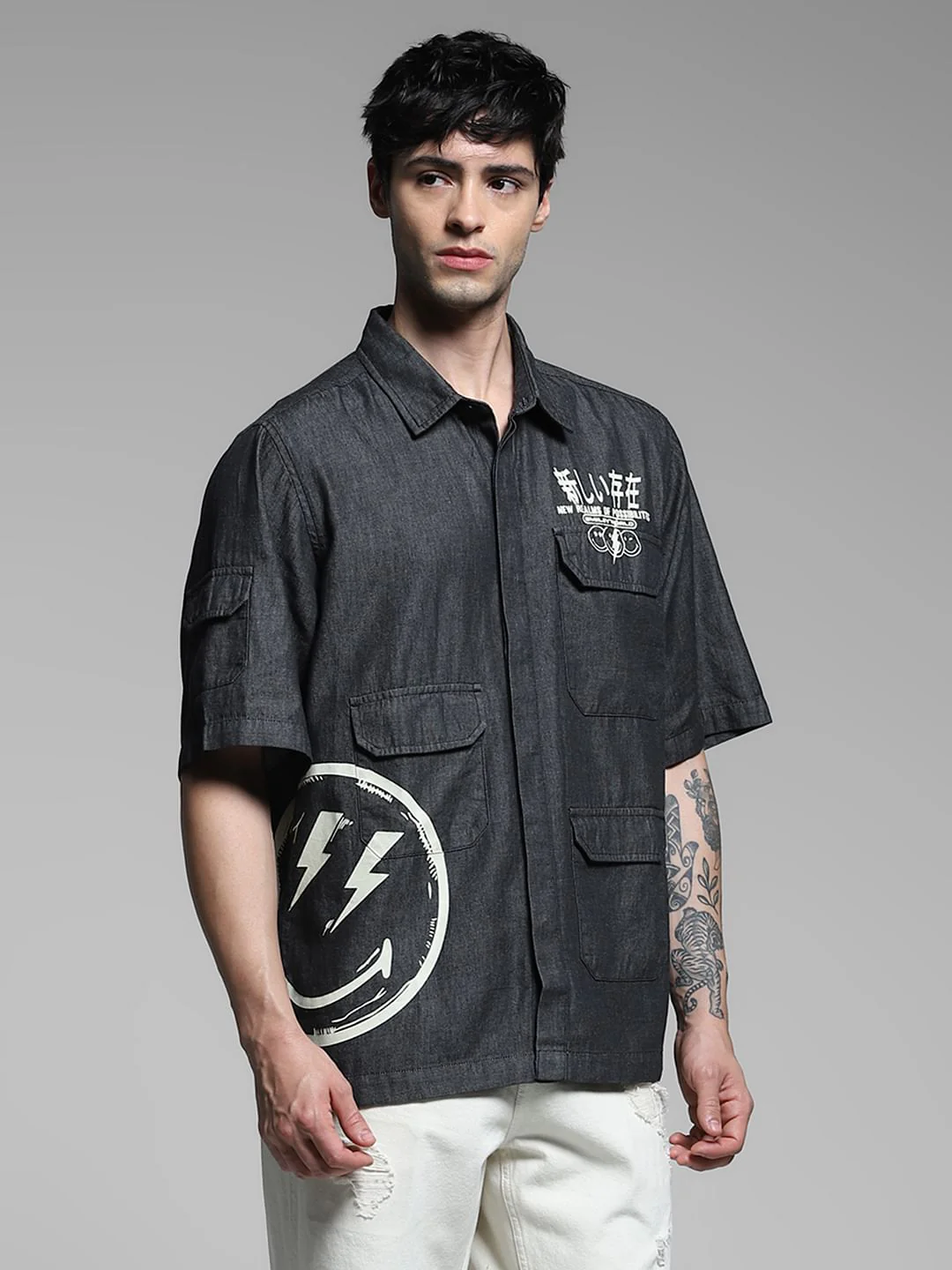 SmileyWorld   Grey Printed Oversized Shirt - Image 3