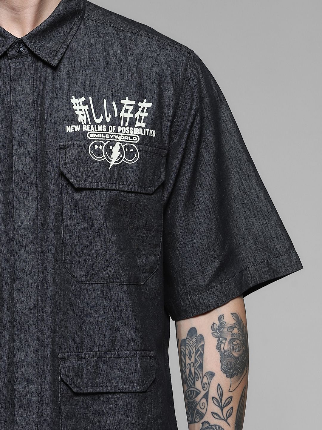 SmileyWorld   Grey Printed Oversized Shirt - Image 5