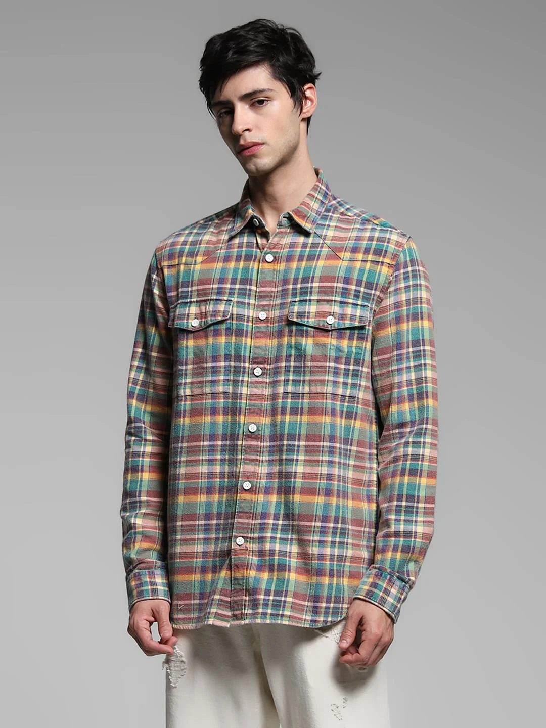 Yellow Check Print Cotton Shirt - Image 2