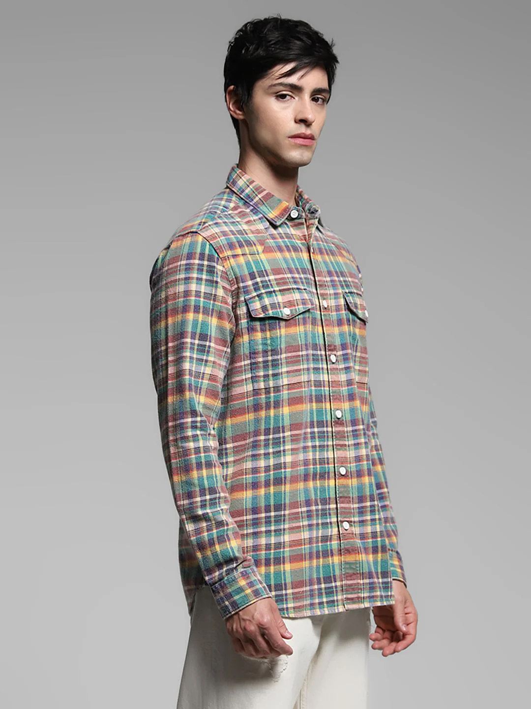 Yellow Check Print Cotton Shirt - Image 3