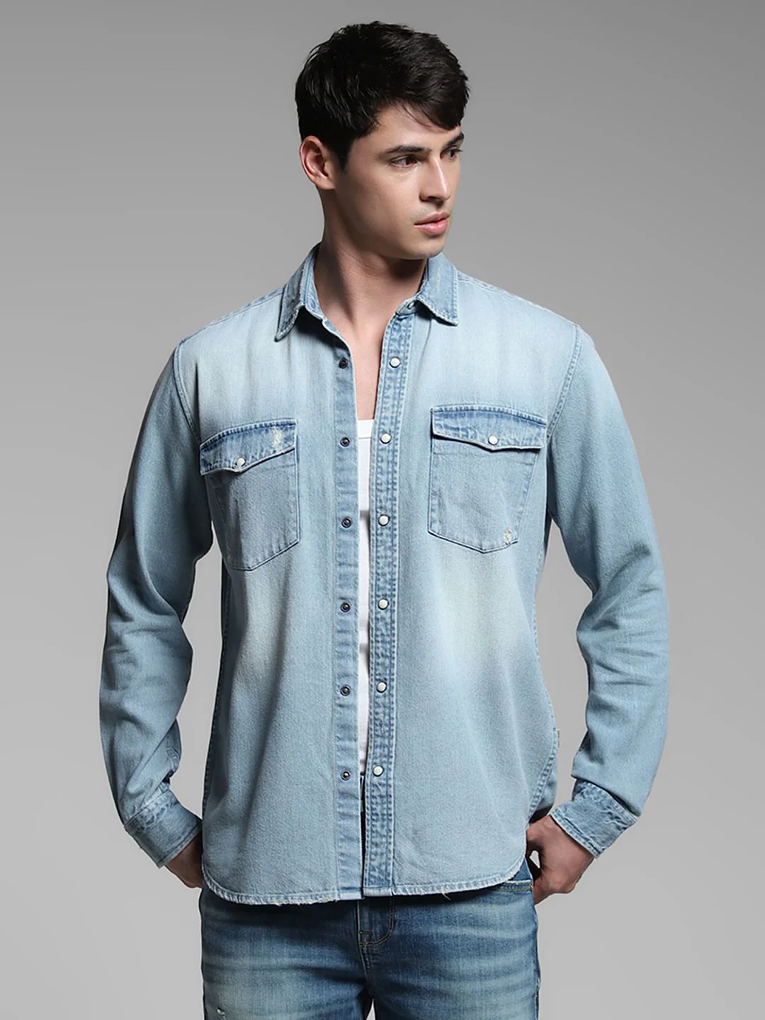 Light Blue Washed Denim Shirt - Image 2