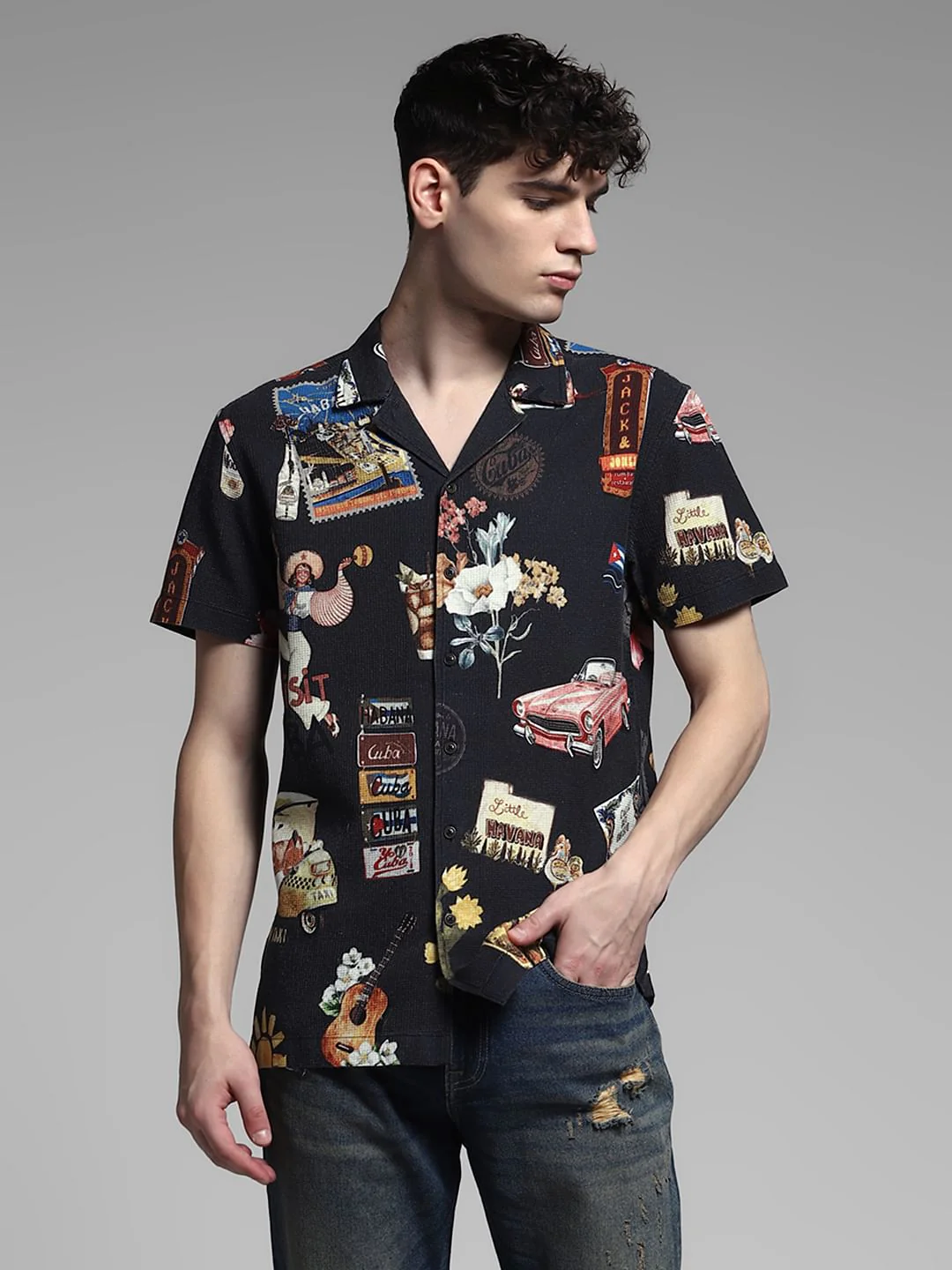 Black Printed Cotton Shirt - Image 2