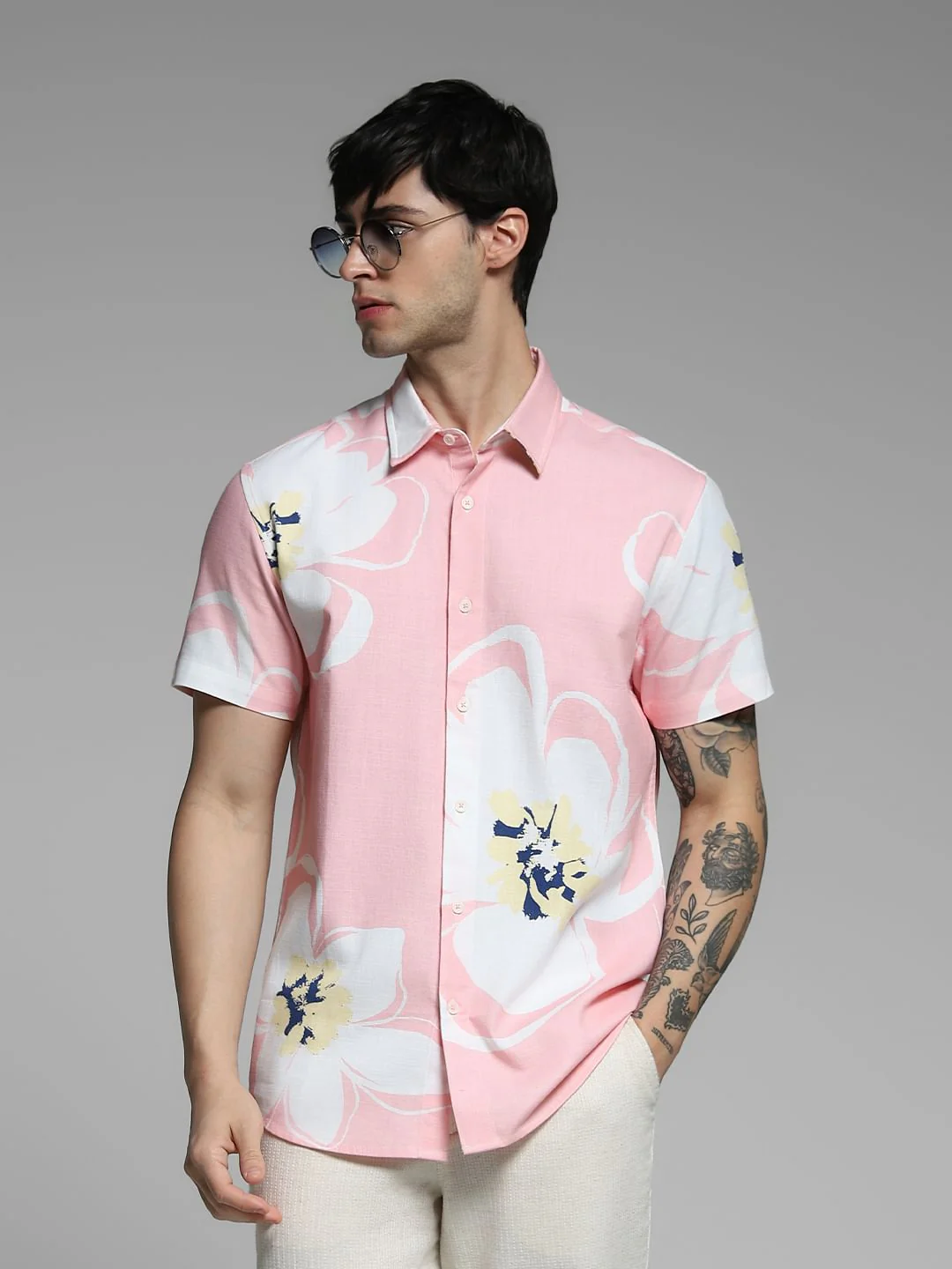 Pink Floral Print Cotton Shirt