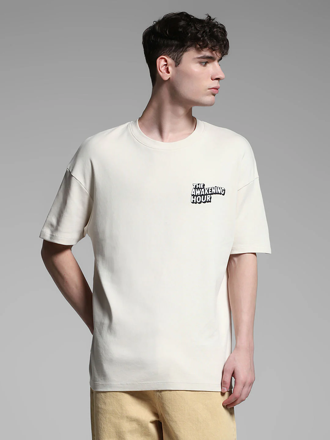 Beige Mickey Print Oversized T-shirt - Image 2