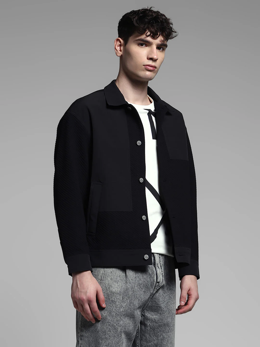 Black Patch Print Casual Jacket - Image 3