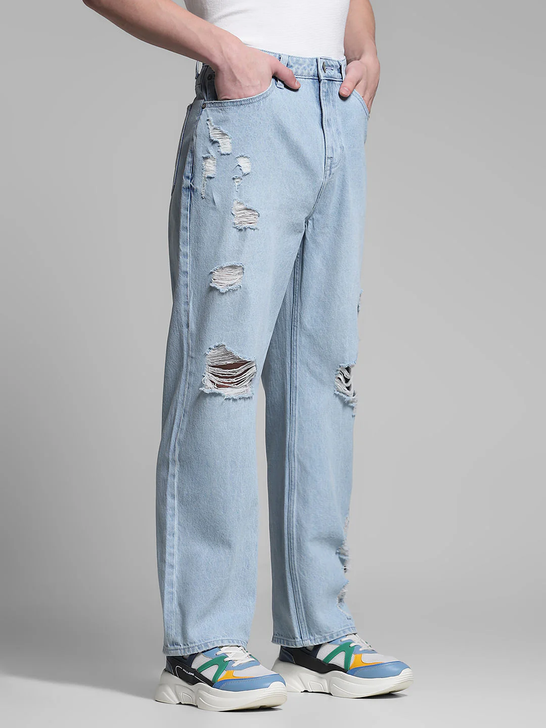 Light Blue Heavily Distressed Dario Loose Fit Jeans - Image 2