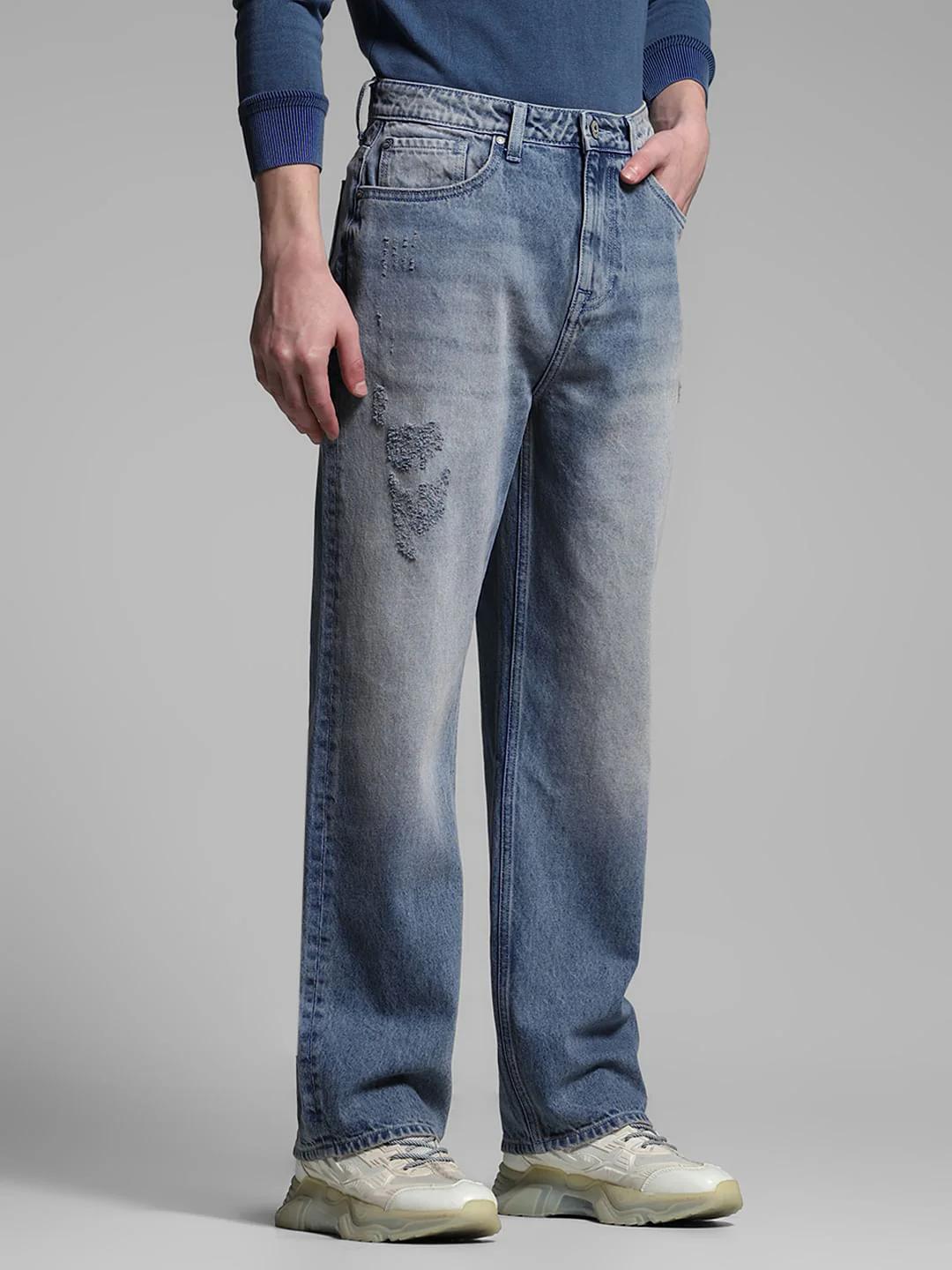 Light Blue Mildly Distressed Dario Loose Fit Jeans - Image 2
