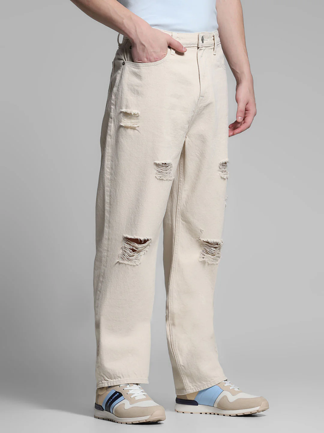 Beige Distressed Dario Loose Fit Jeans - Image 2