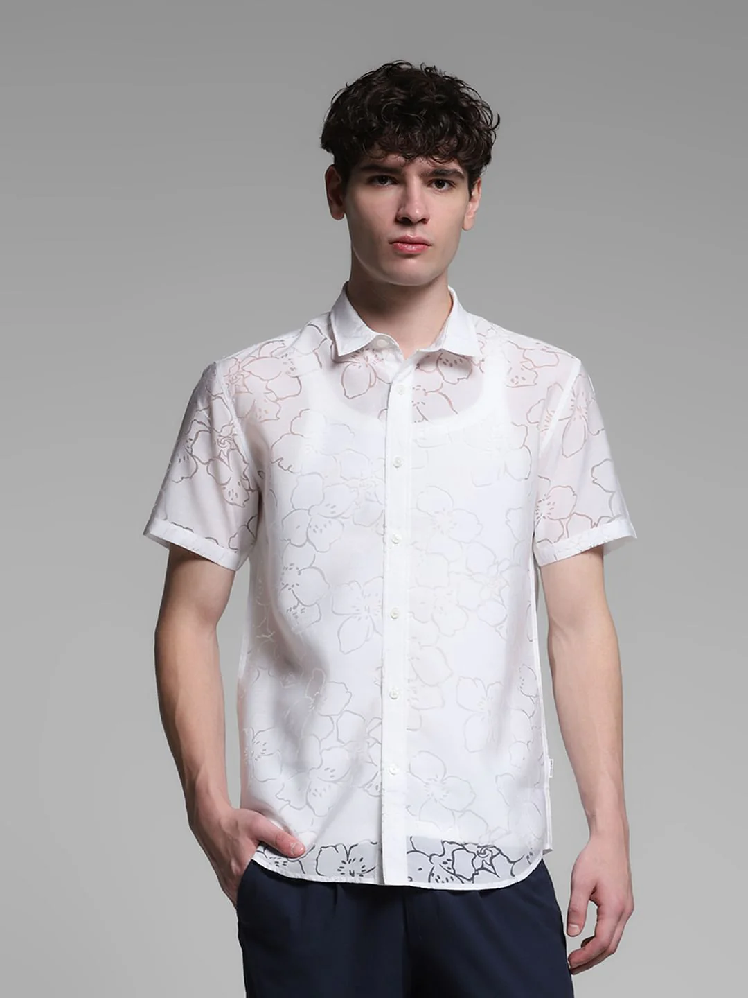 White Sheer Floral Short Sleeves Shirt