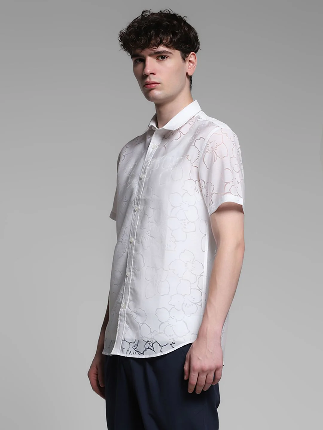 White Sheer Floral Short Sleeves Shirt - Image 3