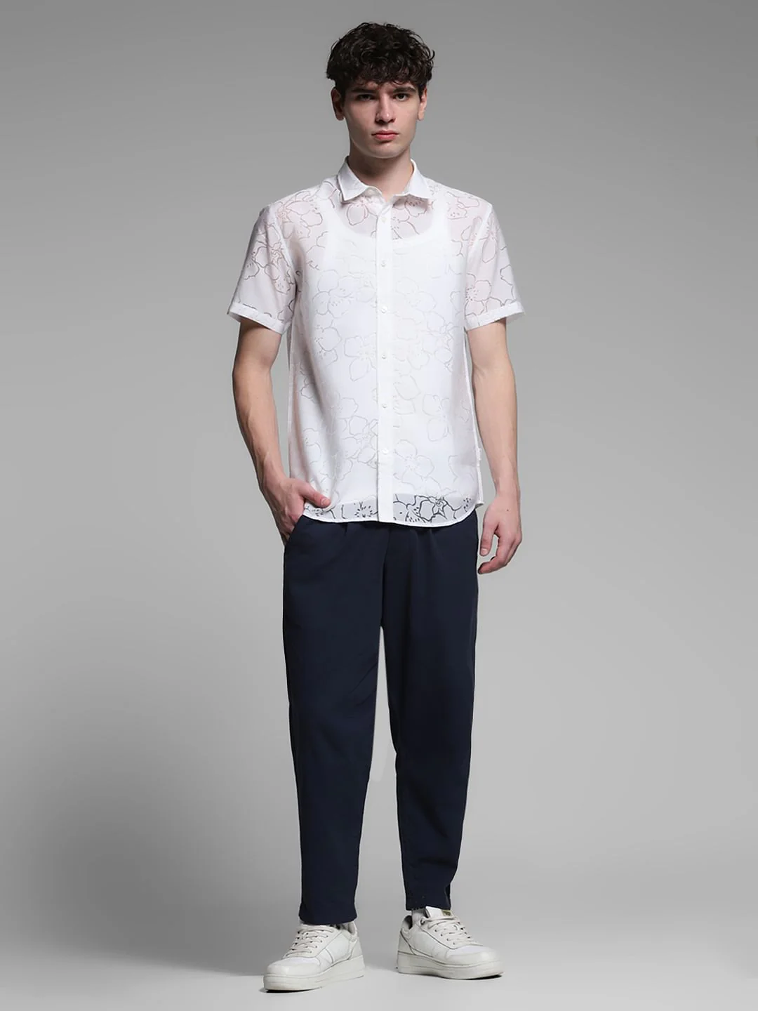 White Sheer Floral Short Sleeves Shirt - Image 6