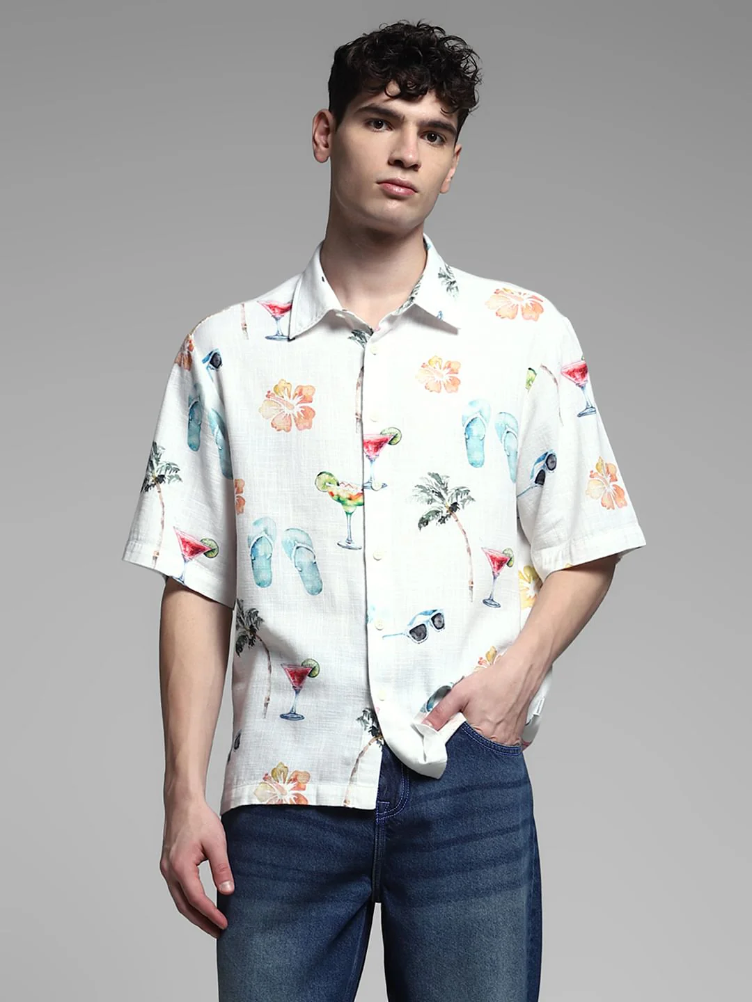 White Printed Cotton Short Sleeves Shirt - Image 2