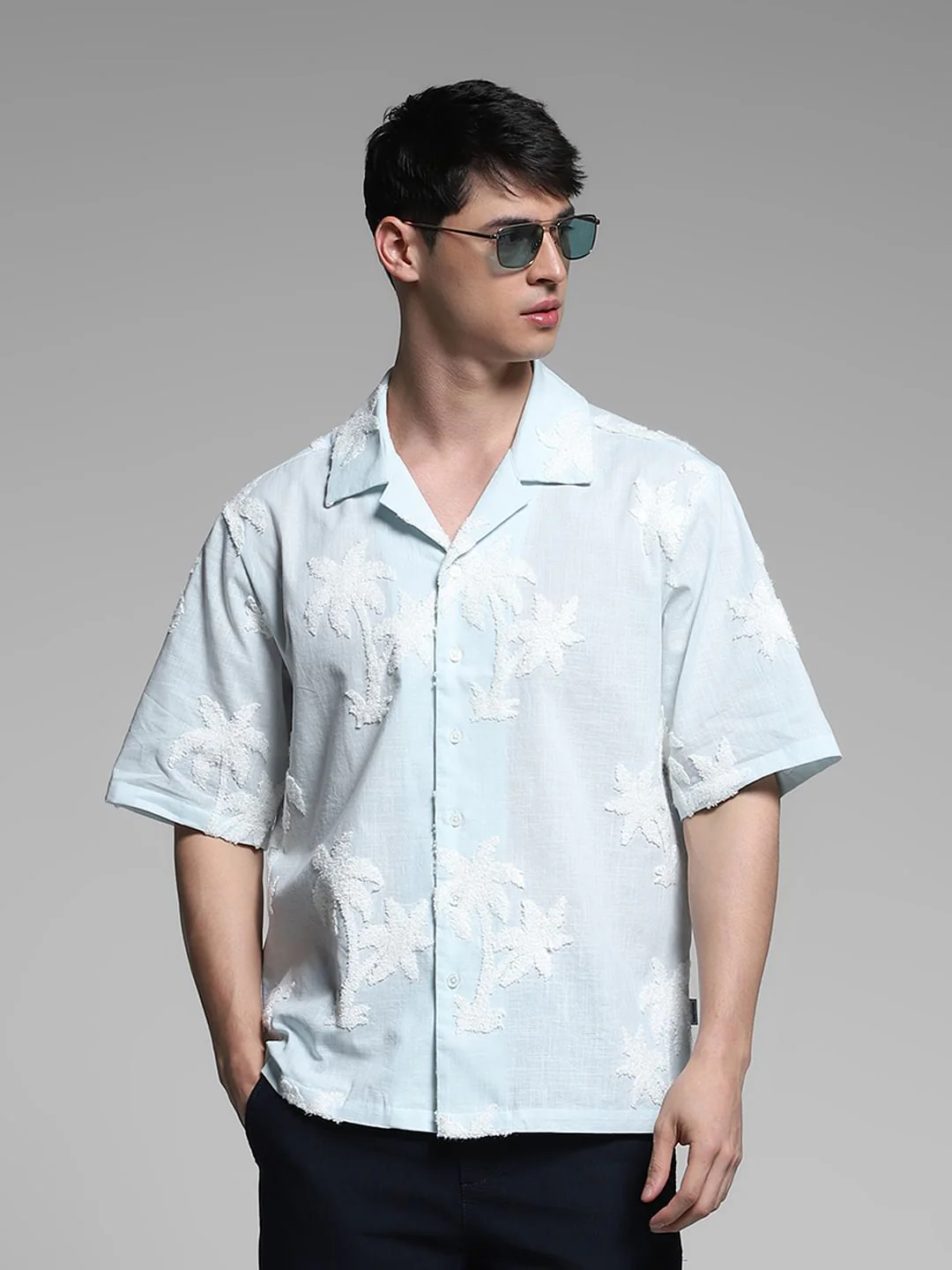 Blue Embroidered Floral Oversized Shirt