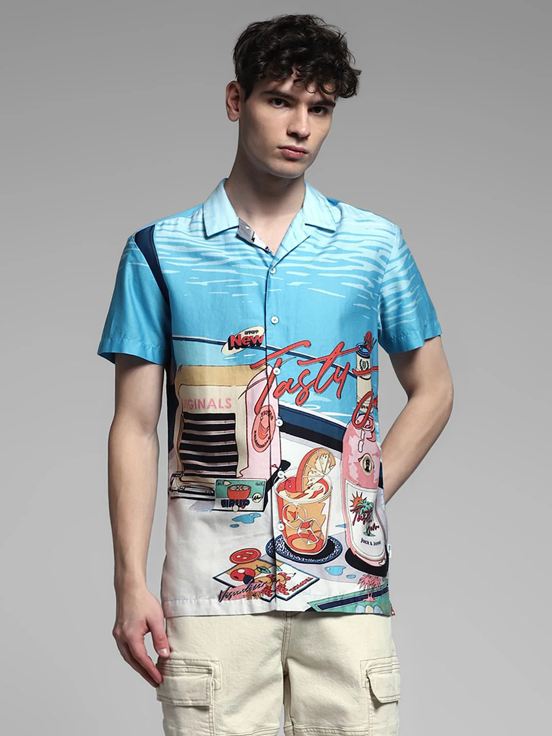 Blue Printed Cuban Collar Shirt - Image 2