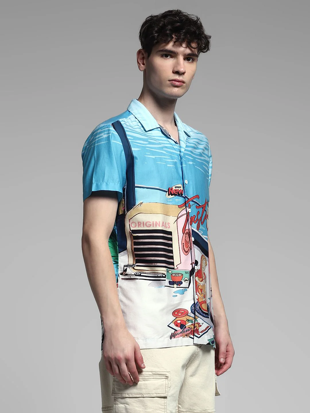Blue Printed Cuban Collar Shirt - Image 3