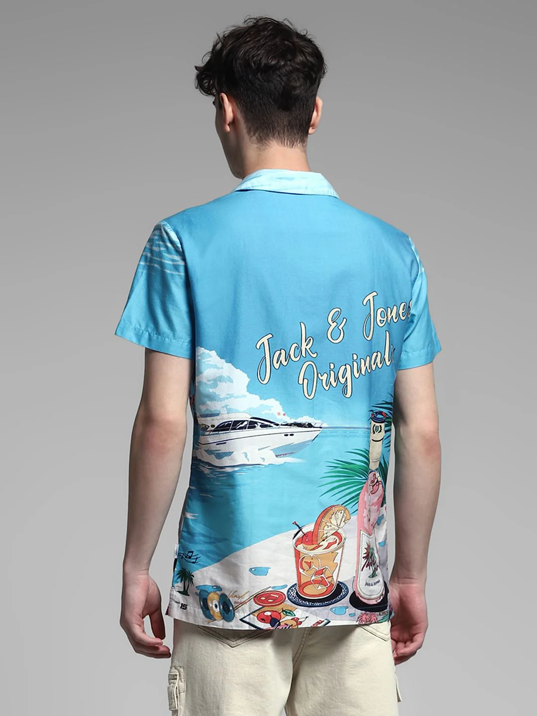 Blue Printed Cuban Collar Shirt - Image 4