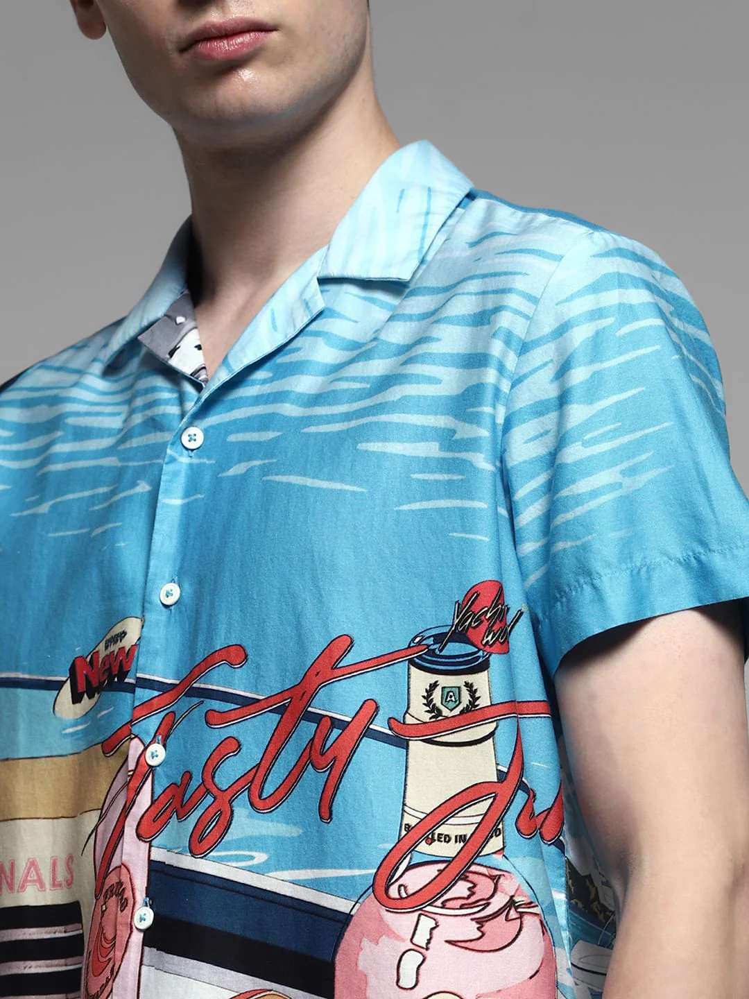 Blue Printed Cuban Collar Shirt - Image 5