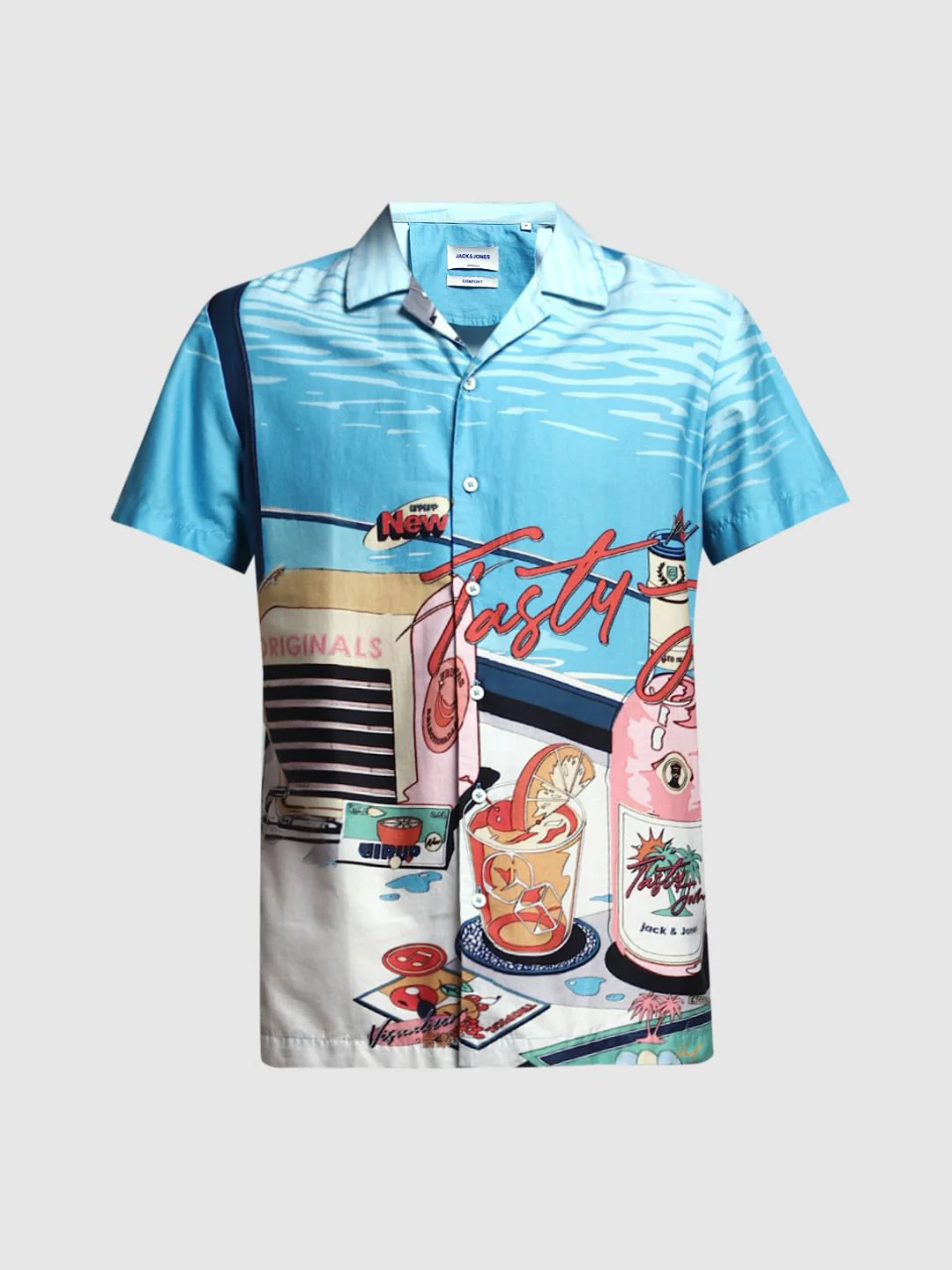 Blue Printed Cuban Collar Shirt - Image 7