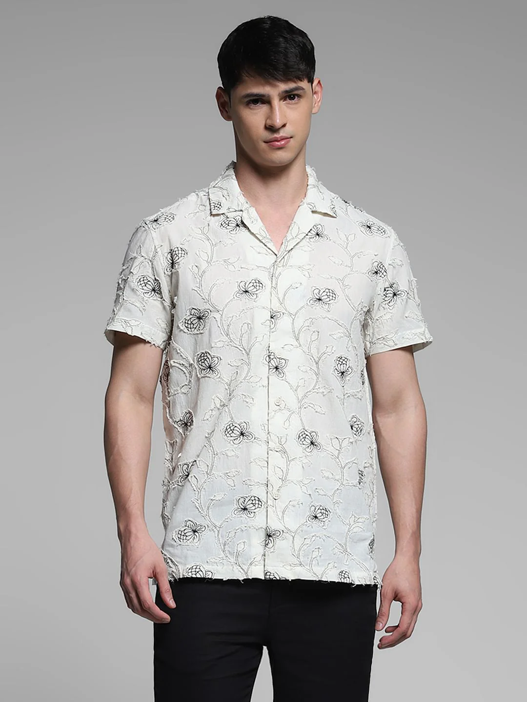 Cream Embroidered Comfort Fit Shirt - Image 2