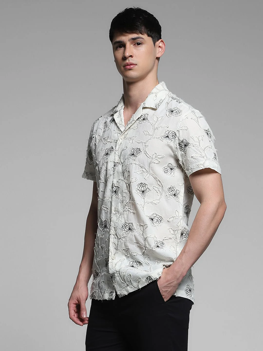 Cream Embroidered Comfort Fit Shirt - Image 3