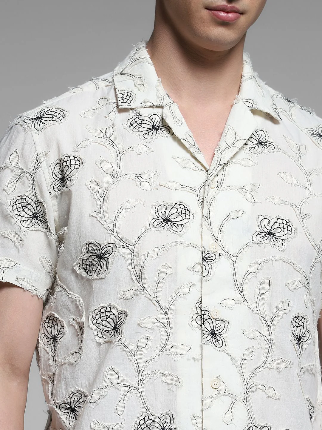 Cream Embroidered Comfort Fit Shirt - Image 5