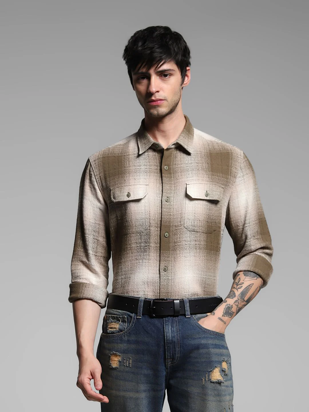 Green Check Print Cotton Shirt