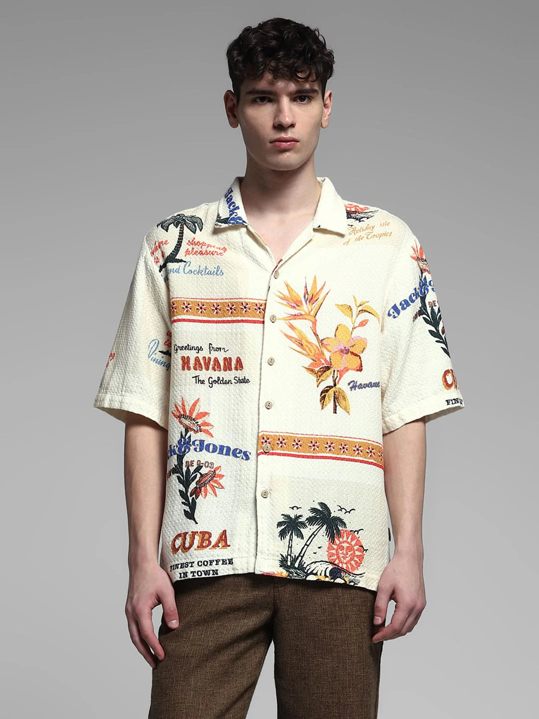 Cream Printed Cuban Collar Shirt - Image 2