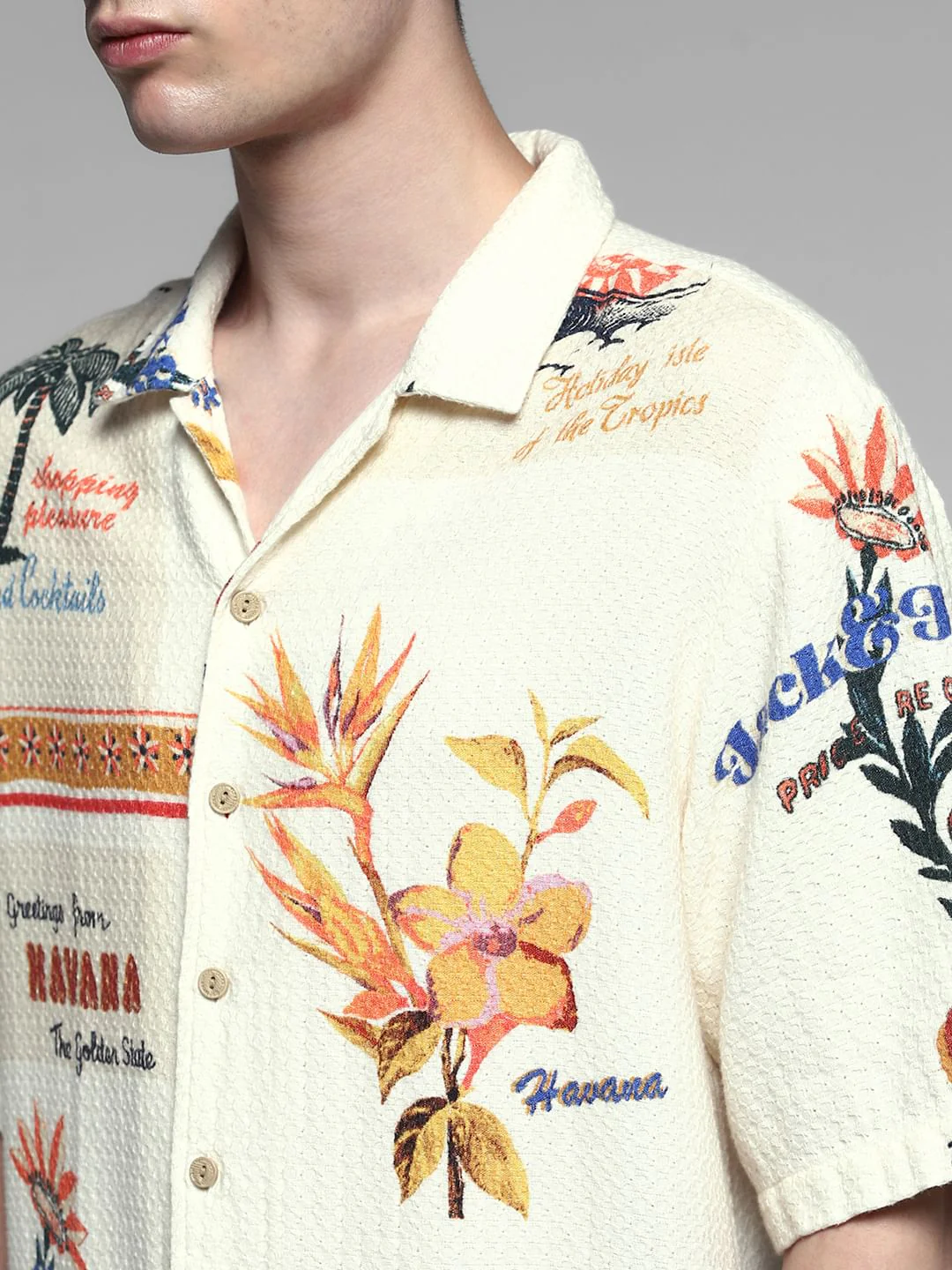 Cream Printed Cuban Collar Shirt - Image 5