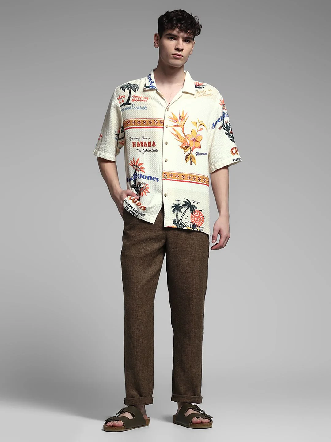 Cream Printed Cuban Collar Shirt - Image 6