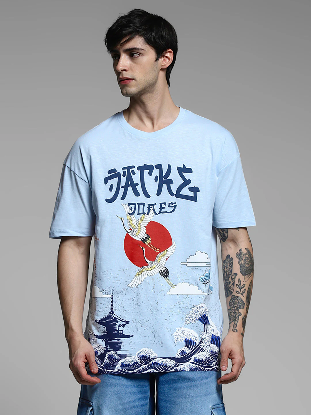Blue Printed Cotton Oversized T-shirt - Image 2