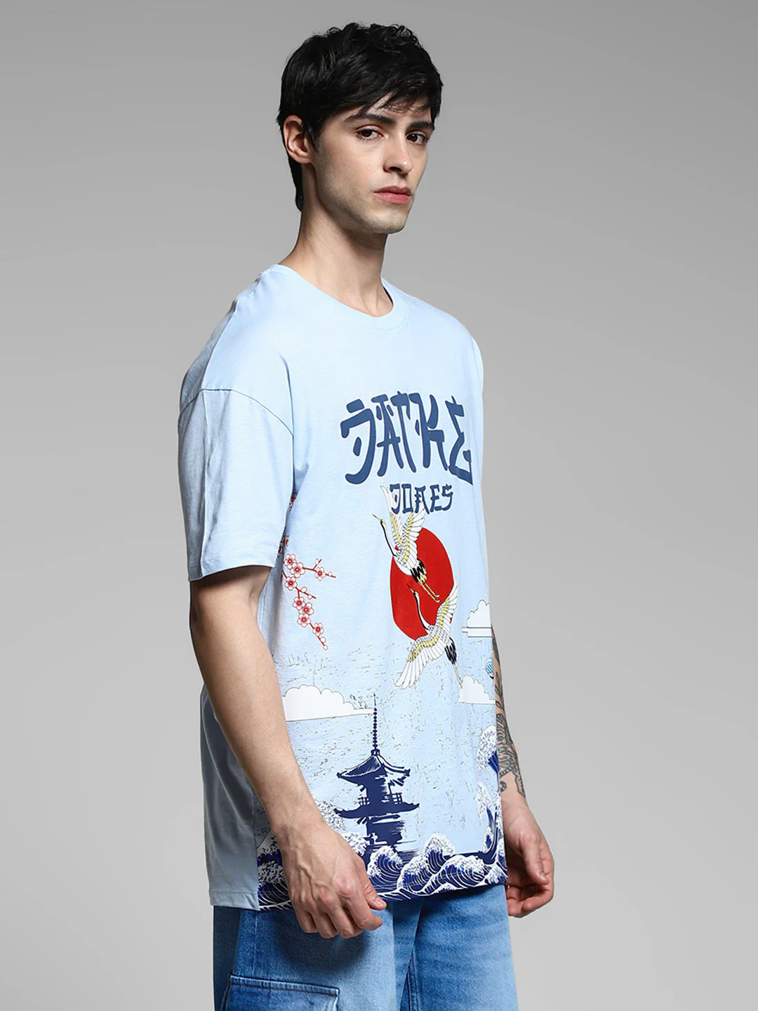 Blue Printed Cotton Oversized T-shirt - Image 3