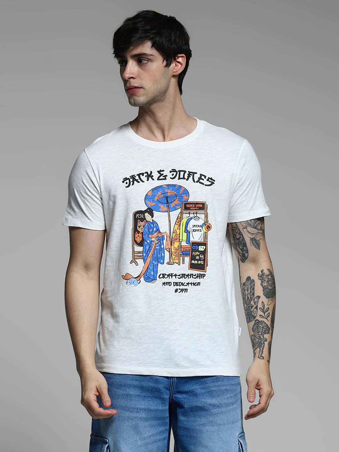 White Printed Cotton T-shirt - Image 2