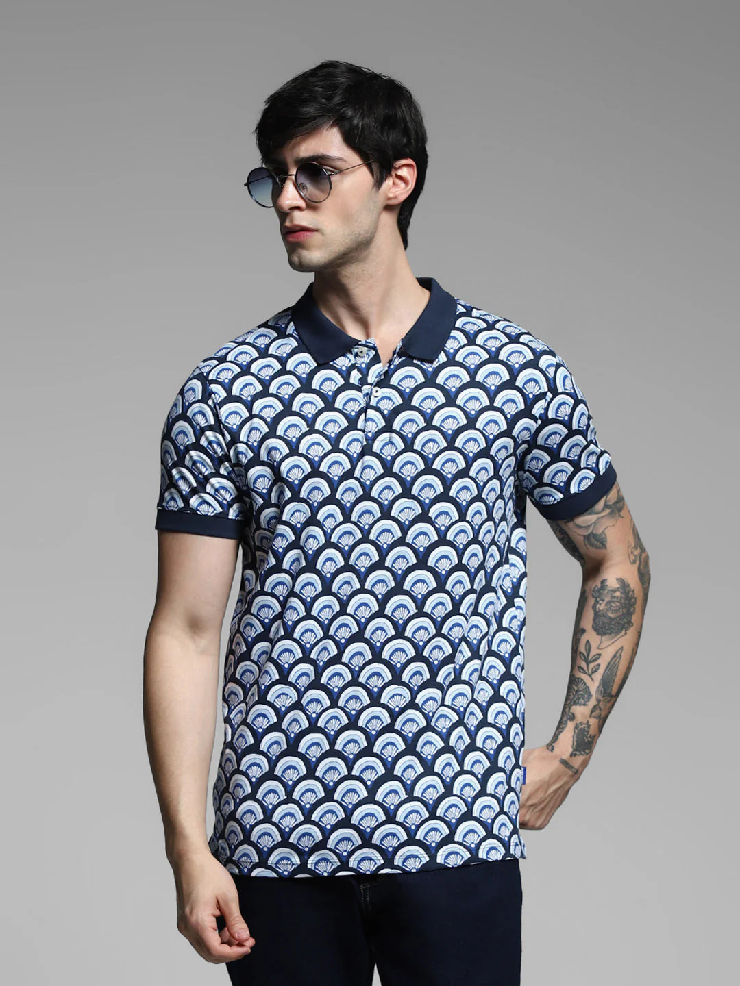 Navy Blue Printed Cotton Polo