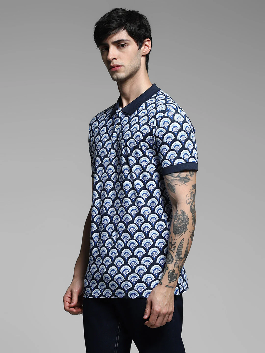 Navy Blue Printed Cotton Polo - Image 3