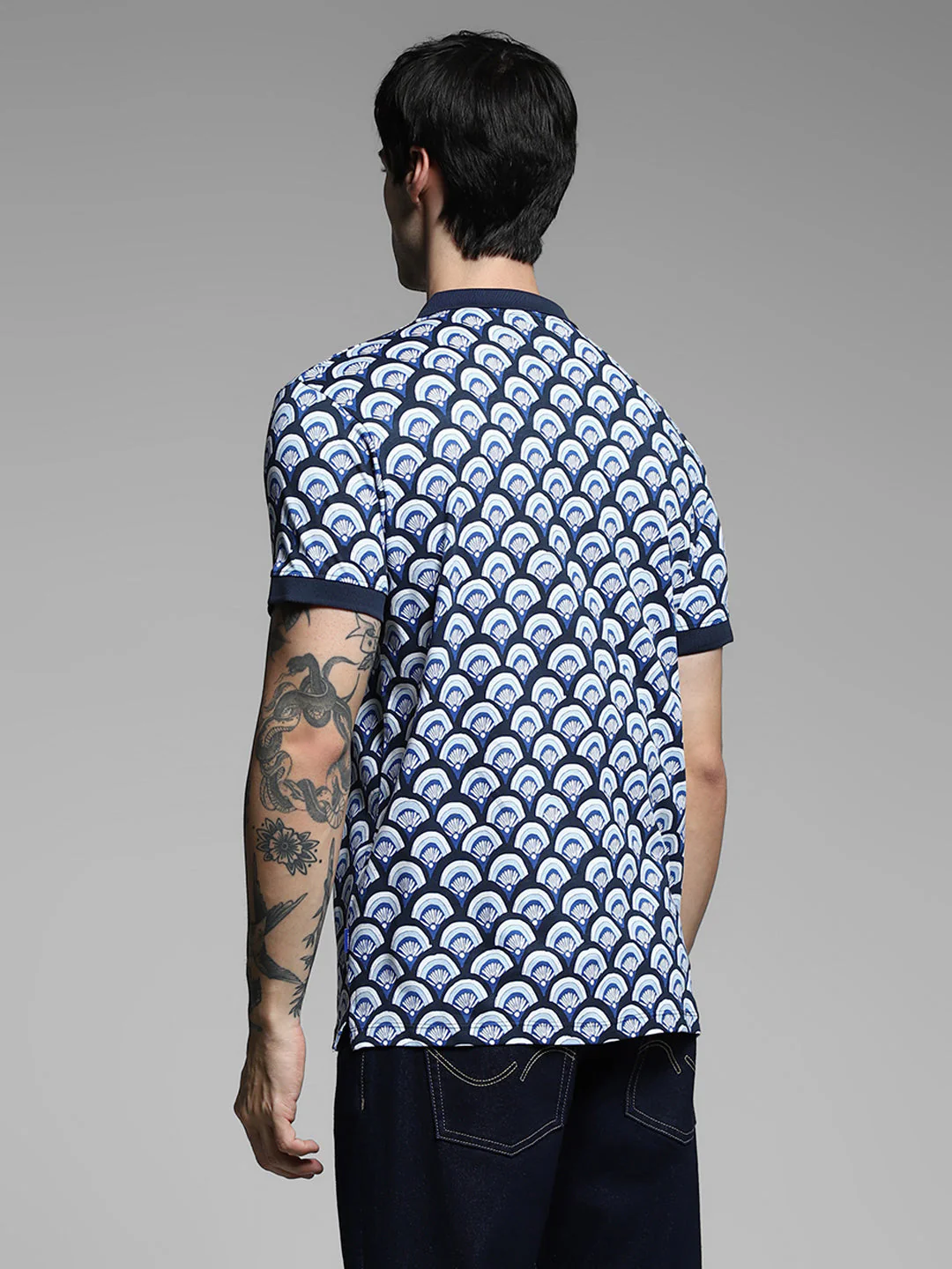 Navy Blue Printed Cotton Polo - Image 4