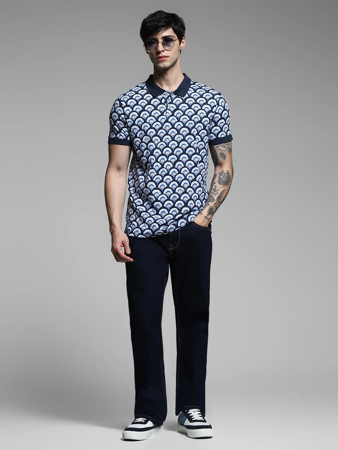 Navy Blue Printed Cotton Polo - Image 6