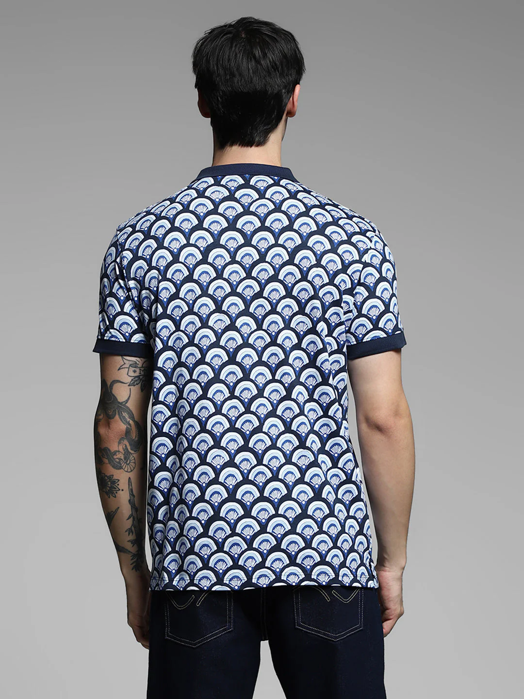 Navy Blue Printed Cotton Polo - Image 9