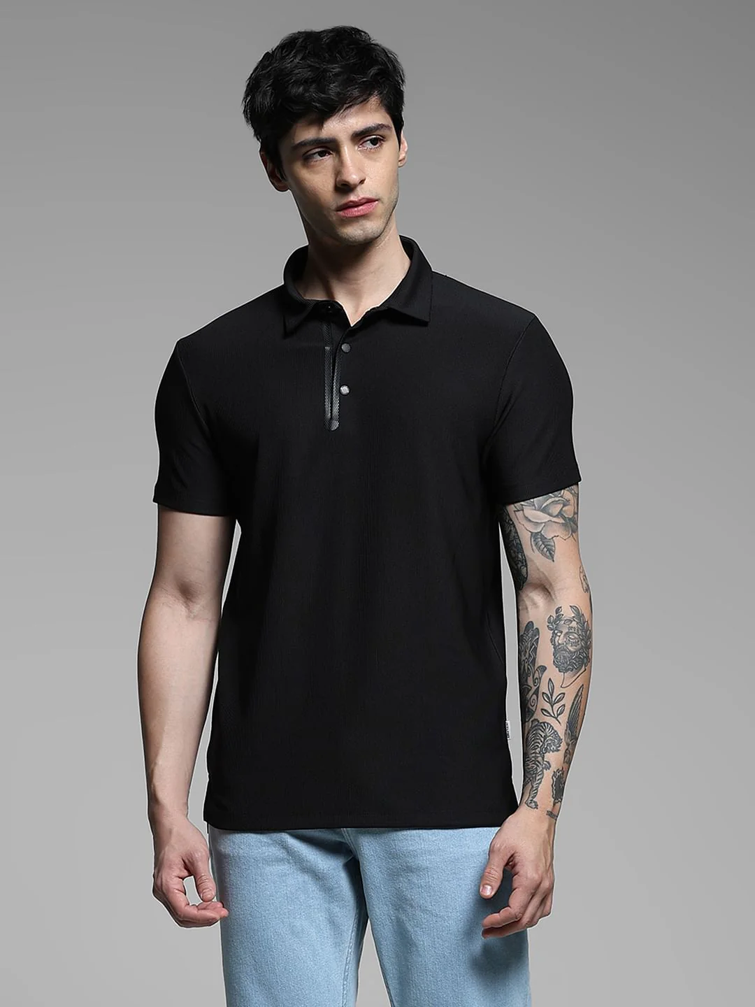 Black Ribbed Collar Cotton Polo - Image 2