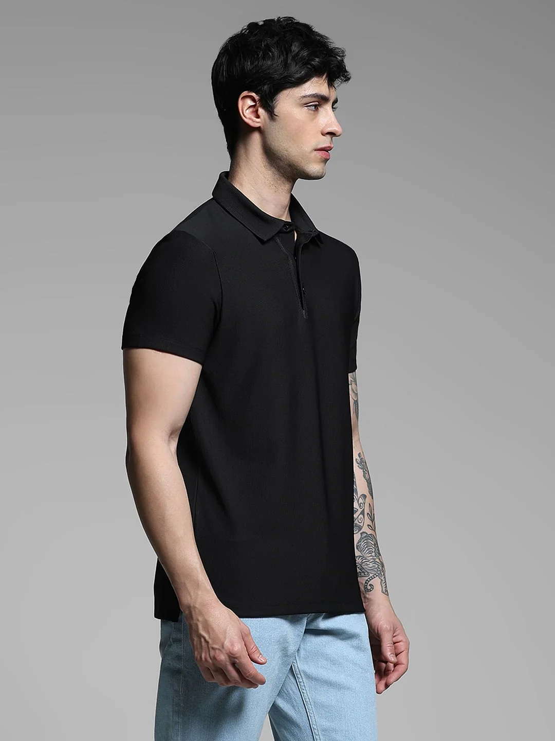 Black Ribbed Collar Cotton Polo - Image 3