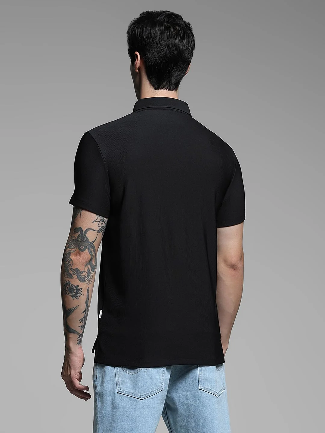 Black Ribbed Collar Cotton Polo - Image 4