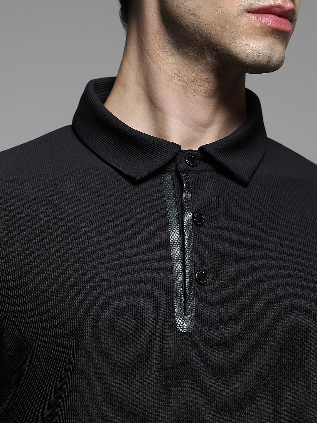Black Ribbed Collar Cotton Polo - Image 5