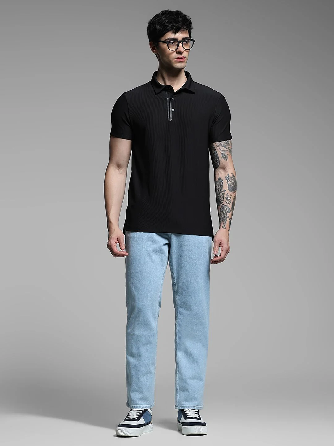 Black Ribbed Collar Cotton Polo - Image 6