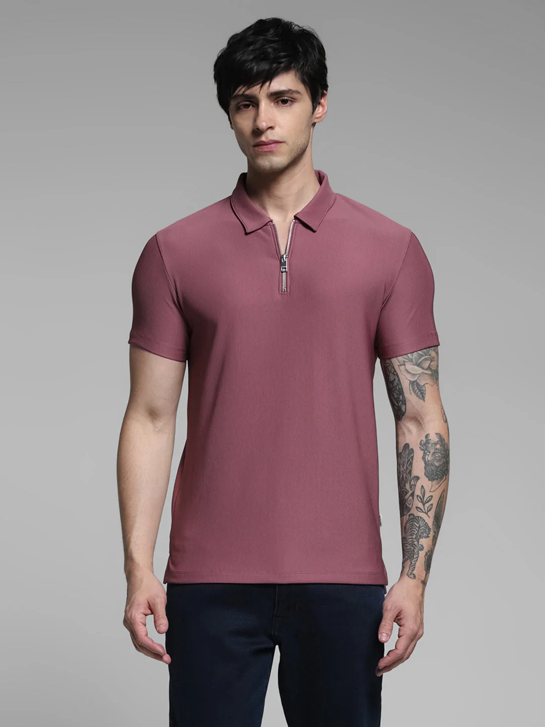 Purple Jacquard Zip Up Polo - Image 2