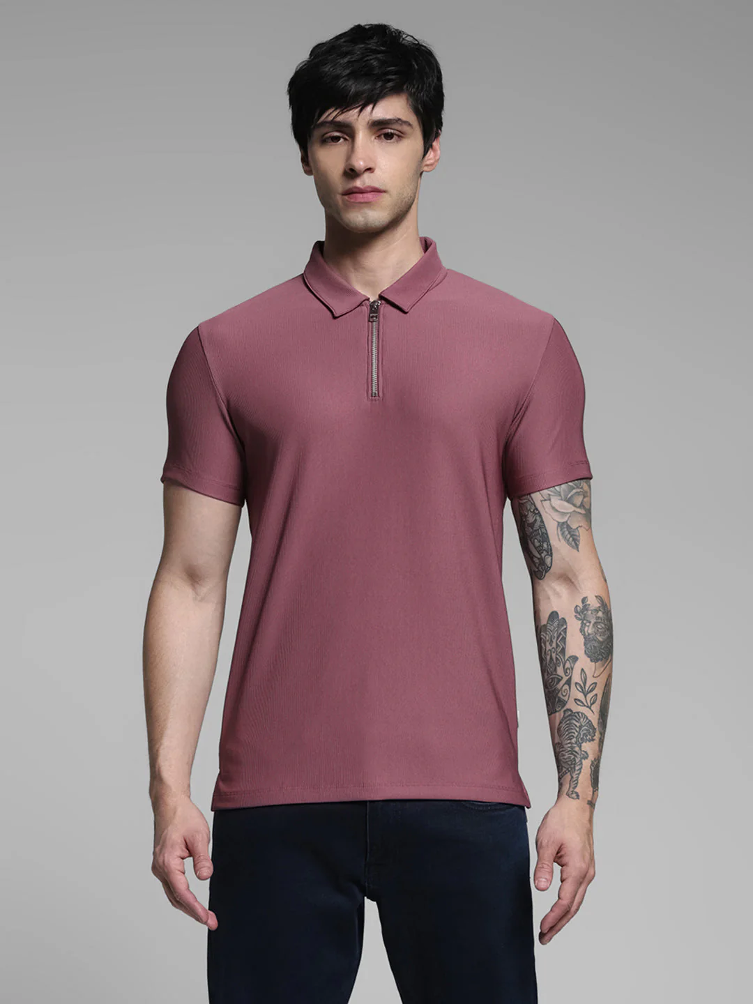 Purple Jacquard Zip Up Polo - Image 8
