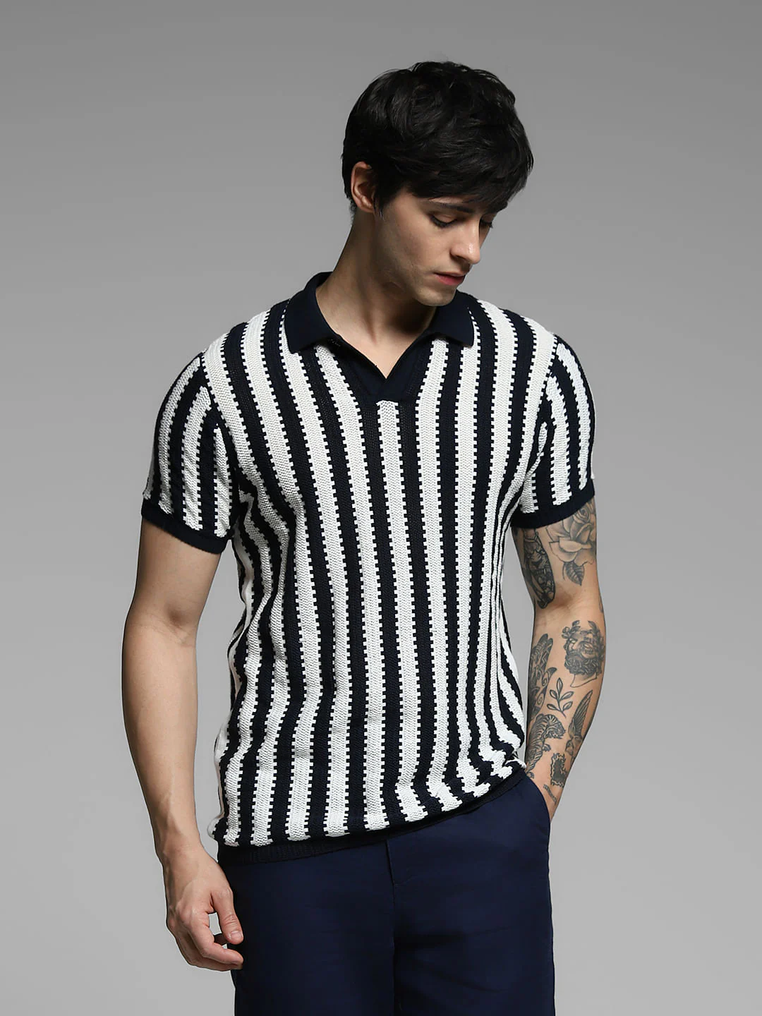 Navy Blue Striped Knitted Cotton Polo