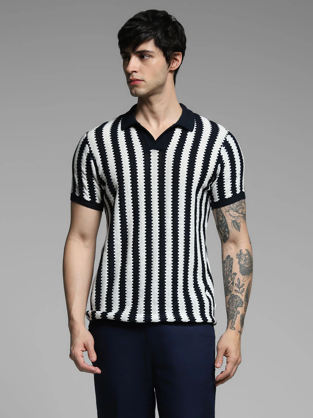 Navy Blue Striped Knitted Cotton Polo - Image 2