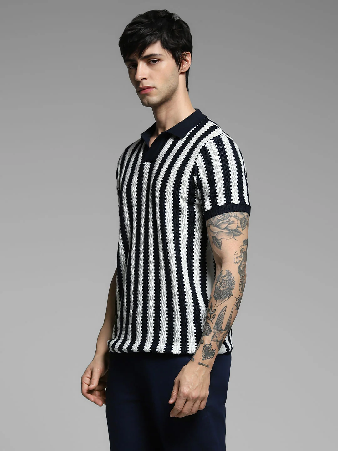 Navy Blue Striped Knitted Cotton Polo - Image 3