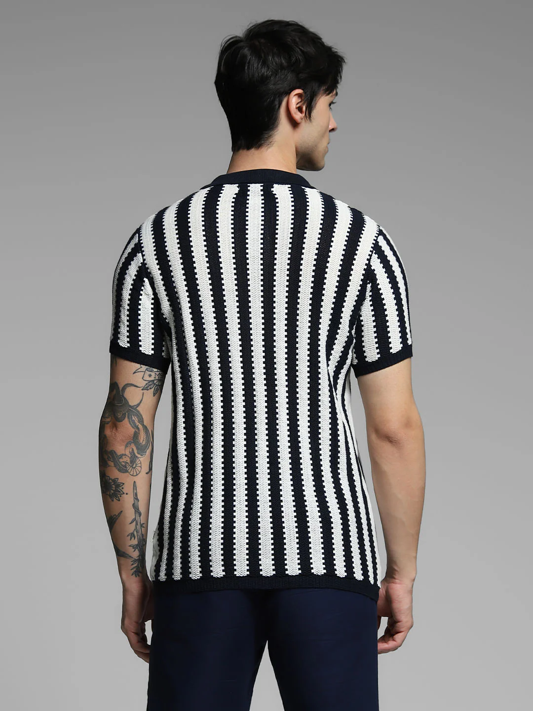 Navy Blue Striped Knitted Cotton Polo - Image 4
