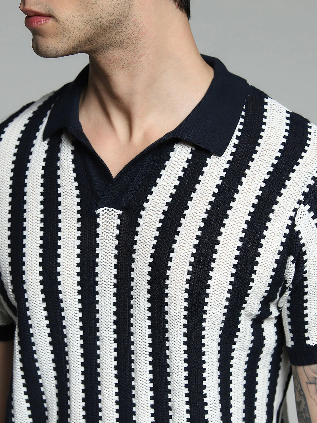 Navy Blue Striped Knitted Cotton Polo - Image 5